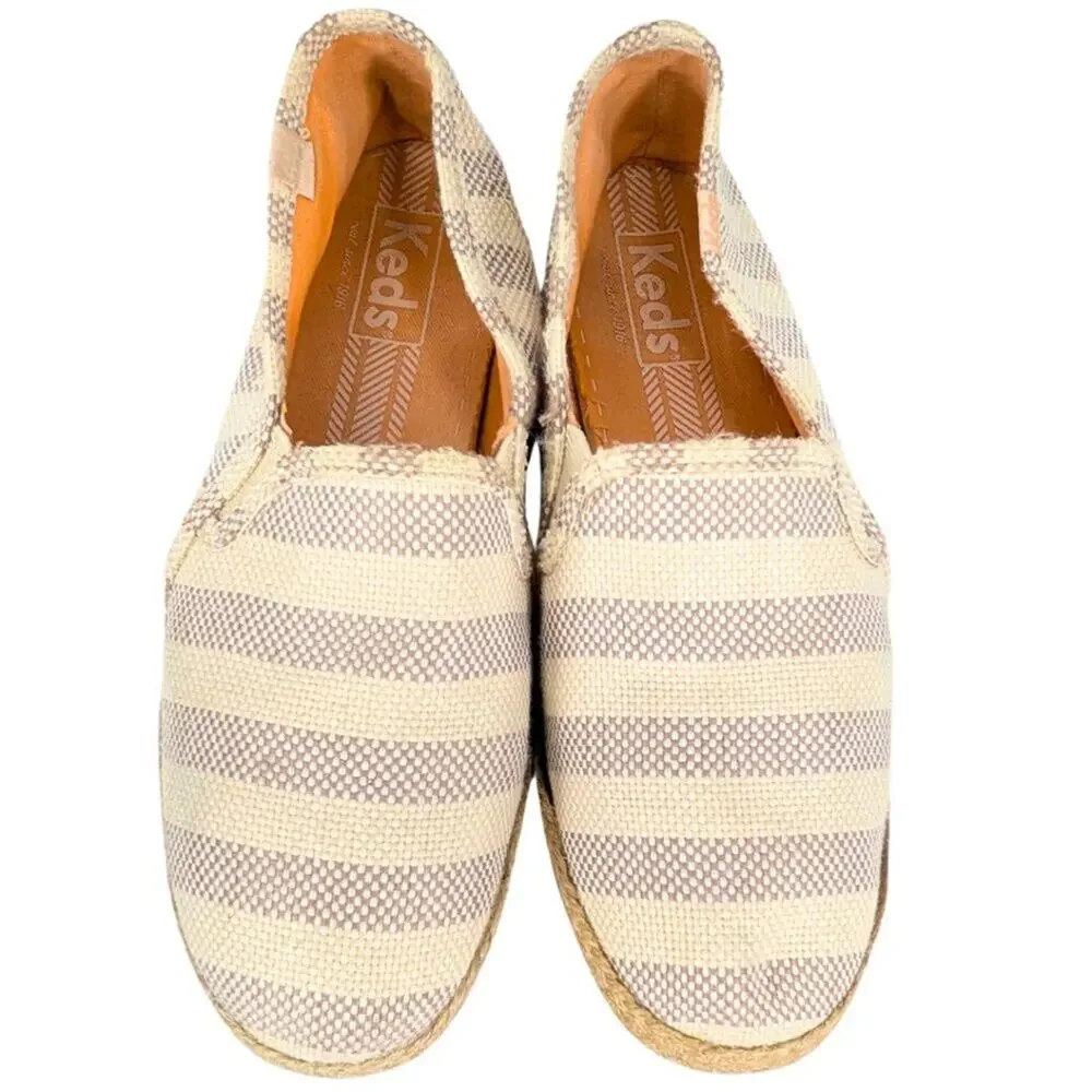 Keds Women's 7 Twin Jute Cream Gray Stripe Slip On Espadrille Flats